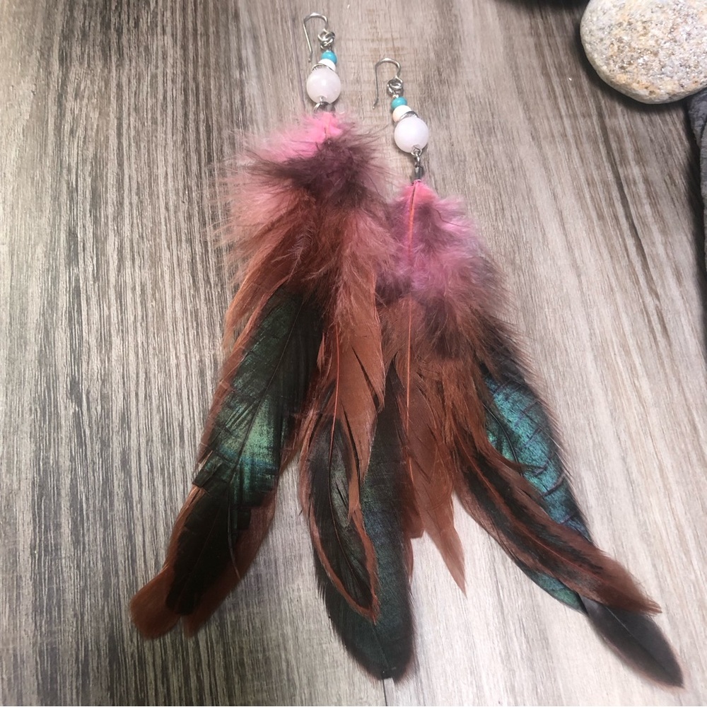 Rose Quartz Feathered Earrings